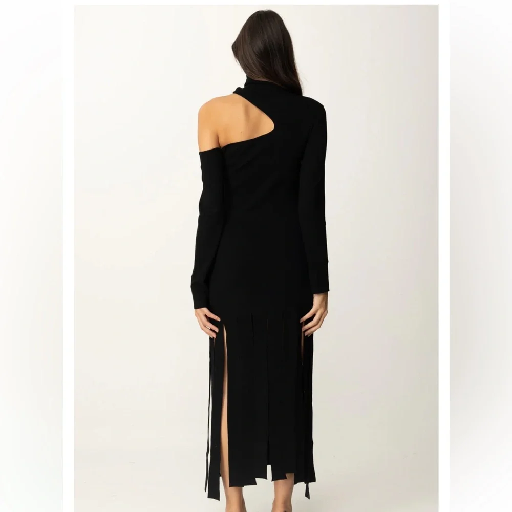 AKEP Long Sleeve Maxi Knitted Fitted Turtleneck Dress with Cut-out and Fringes S